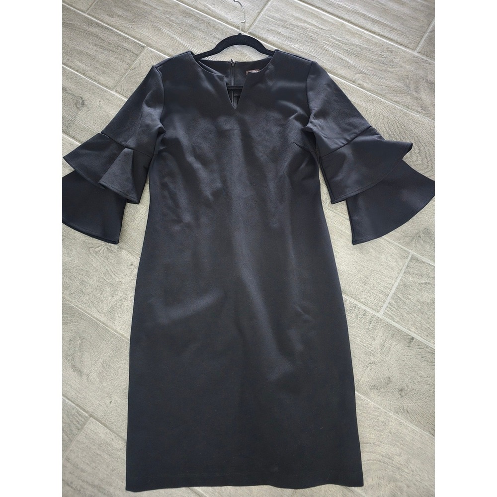 J.McLaughlin Letty Women Black Ruffle Bell Sleeve Split Neck Sheath Dress Medium